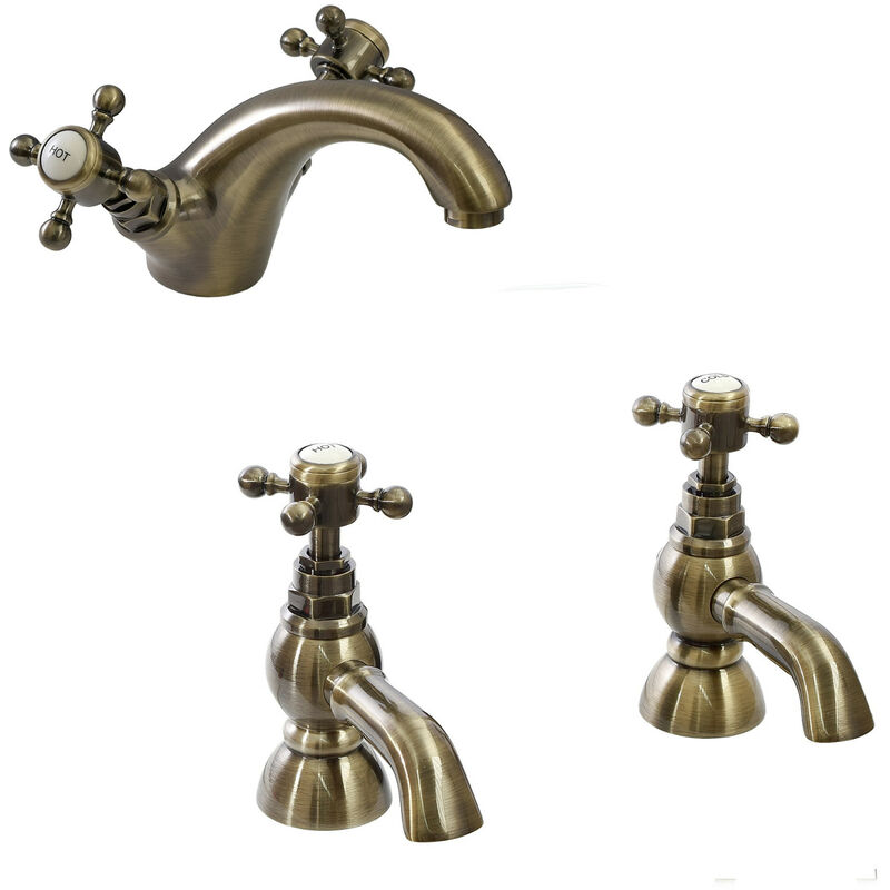 Camberley, BBT0144, Antique Bronze, Bathroom Basin Sink Mixer Tap + Twin Bath Taps, Traditional Victorian Cross Handle, Solid Brass, Easy Clean,