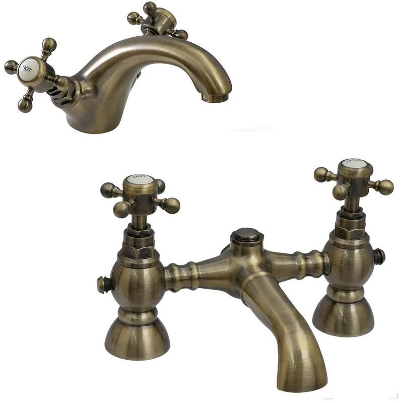 Camberley, BBT0143, Antique Bronze, Bathroom Basin Mixer Taps & Bath Mixer Tap Pack, Traditional Cross Tap, Solid Brass, Easy Clean, Traditional