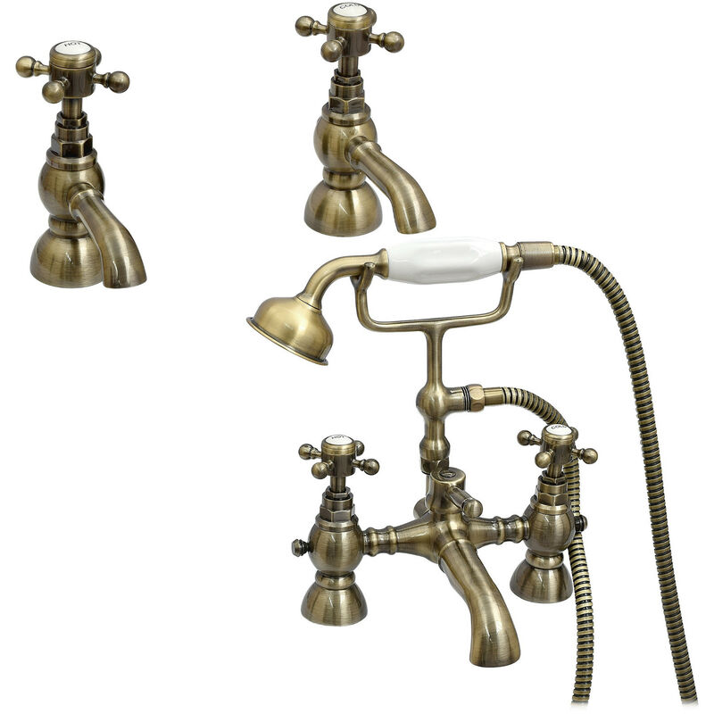 Camberley, BBT0145, Antique Bronze, Bath Shower Mixer Tap + Twin Basin Tap Pack, Traditional Victorian Cross Handle, Solid Brass, Easy Clean,