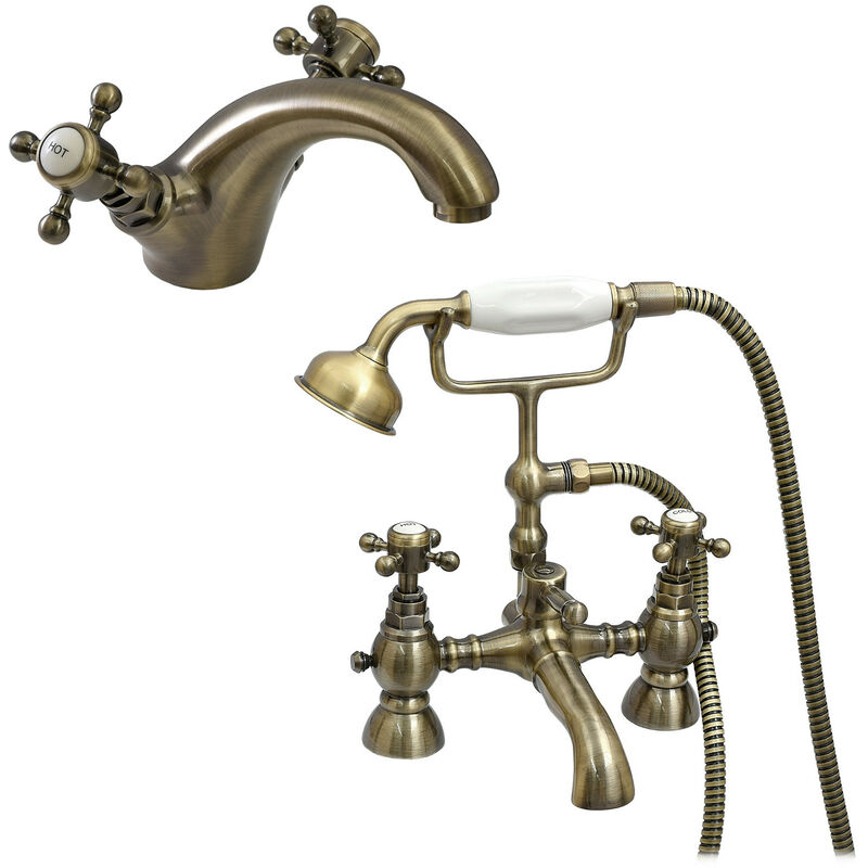 Camberley, BBT0142, Antique Bronze, Bathroom Basin Mixer Tap + Bath Shower Mixer Tap Pack, Traditional Cross Tap, Solid Brass, Easy Clean,