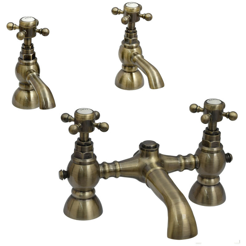 Camberley, BBT0146, Antique Bronze, Bathroom Bath Mixer Tap + Twin Basin Tap Pack, Traditional Victorian Cross Handle, Solid Brass, Easy Clean,