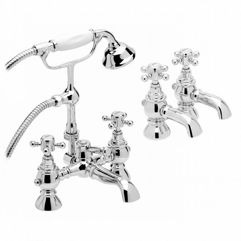 Camberley, BBT0007, Chrome, Bath Shower Mixer Tap + Twin Basin Tap Pack, Traditional Victorian Cross Handle, Solid Brass, Easy Clean, Traditional
