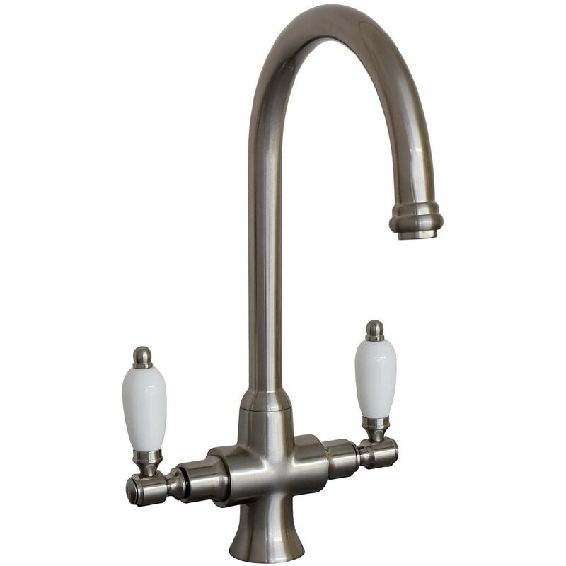 ENKI, Dorchester, KT060, Brushed Nickel Dual Flow Kitchen Sink Mixer Tap for Basin, with Twin White Levers Swivel Spout Perfect for Double Bowl
