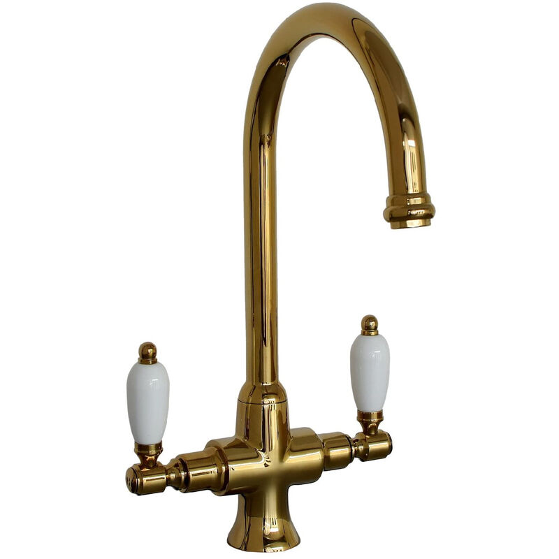 Dorchester, KT061, Gold Polished Ceramic Dual Flow Kitchen Sink Mixer Tap for Basin, with Twin White Levers Swivel Spout Perfect for Double Bowl