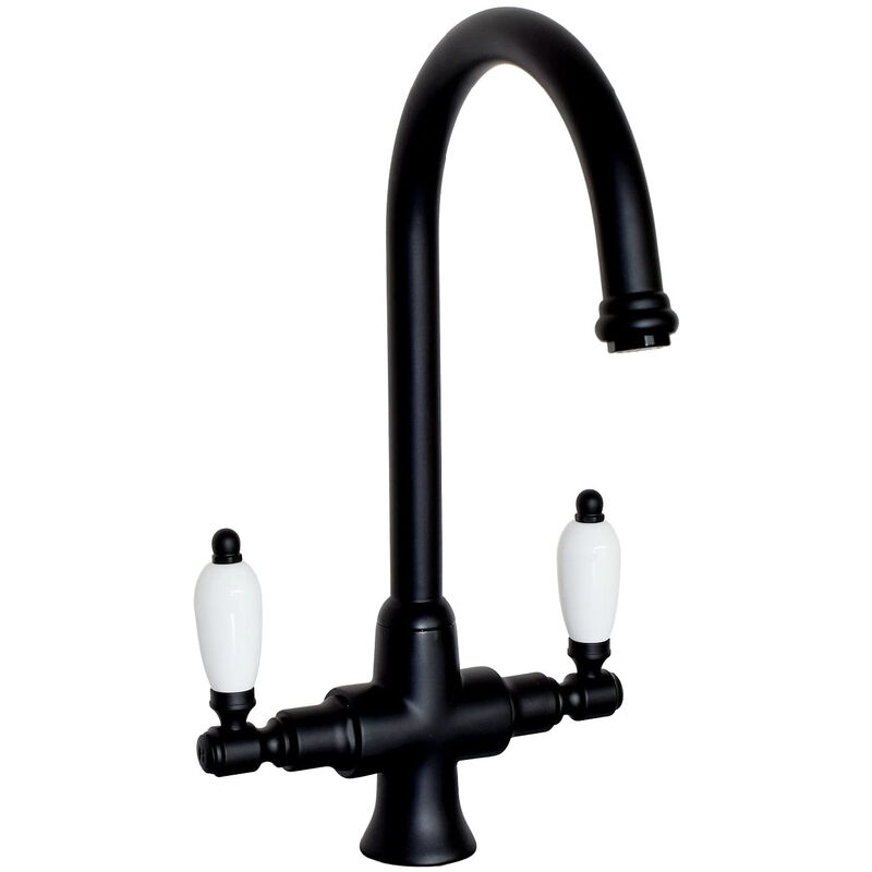 Dorchester, KT062, Matte Black Brass Dual Flow Kitchen Sink Mixer Tap for Basin, with Twin White Levers Swivel Spout Perfect for Double Bowl Sinks,