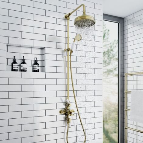 ENKI Downton SH0630 Shower Set with 2 Shower Head Outlets Triple Thermostatic Shower Valve Bronze & White Shower Tap Attachment