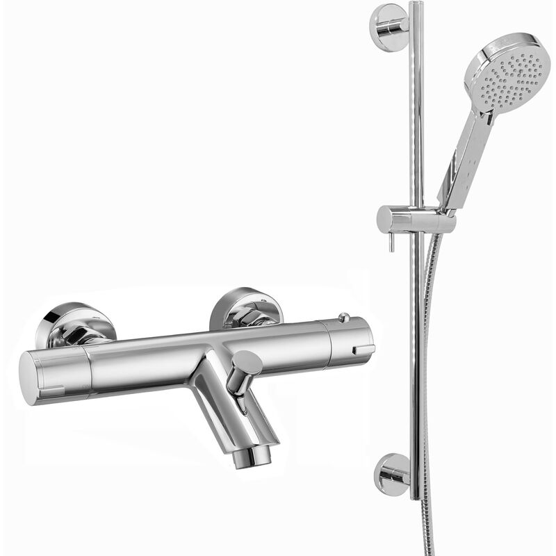 Dune, BBT0152, Chrome, Thermostatic Wall Mounted Bath Shower Mixer Valve with Shower Head, Hose & Rail, Solid Brass, Anti-Scald Device, Temperature