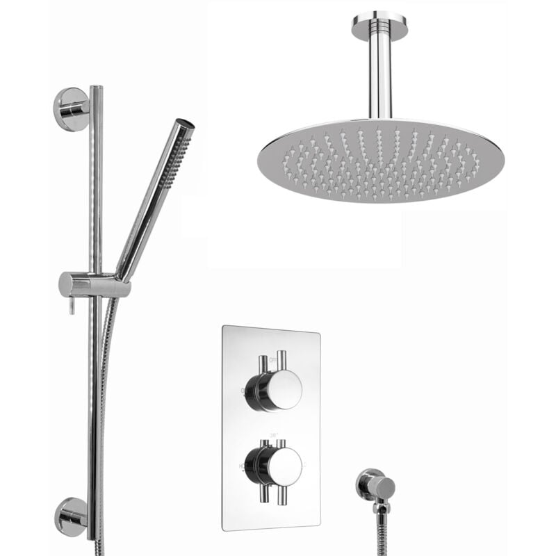 SH0034 Naples Contemporary Cross Concealed Thermostatic Shower Set Incl. Twin Valve, Ceiling Fixed 8' Shower Head, Slider Rail Kit - Chrome (2