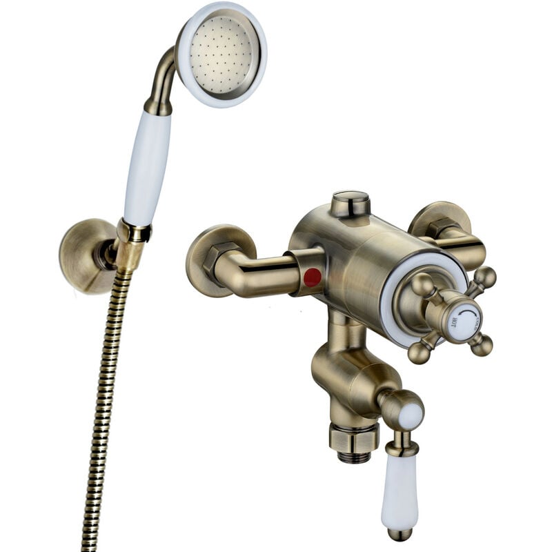 Viscount, SH0189, Traditional Thermostatic Shower Mixer Valve Set Incl. Twin Thermostatic Shower Mixer Valve and Hanset Kit with Hose and Bracket,