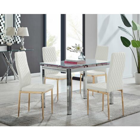 Enna White Glass Extending Dining Table and 4/6 Gold Leg Milan Chairs