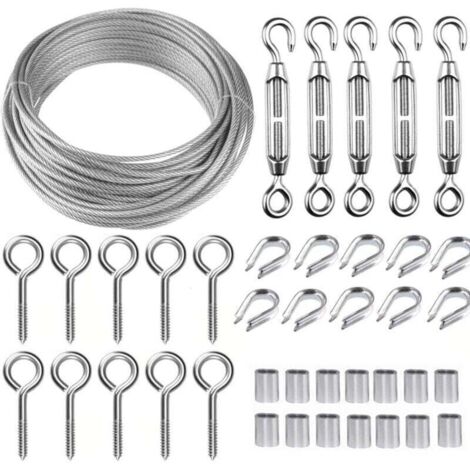 Enowelir 30M Corde en Acier Inoxydable à Suspendre Kit,Kit Cable Métallique,2mm Cable en Acier Inoxydable Revêtu,avec M5 Tendeur Cable et Crochets à Oeil,pour Plantes Grimpante,Rambarde,Corde a linge,