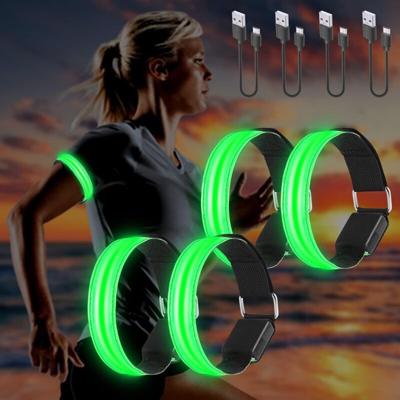 4PCS Brassard Lumineux LED Rechargeable USB, Brassard Reflechissant LED Running, Bande Clignotant Ajustable Bracelet Lumineux LED de Sécurité pour