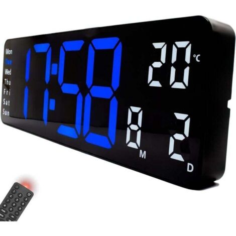 Enowelir Horloge Murale Numérique LED Géante XL avec Affichage Température et Lumière Bleu Blanc