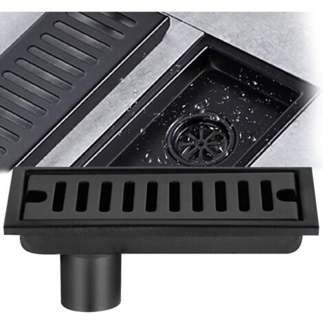 Enowelir Siphon de sol rectangulaire, siphon de sol en acier inoxydable noir 20x10cm siphon de sol de douche avec double filtre adapté au drainage de la salle de bain des toilettes balcon de la cuisin