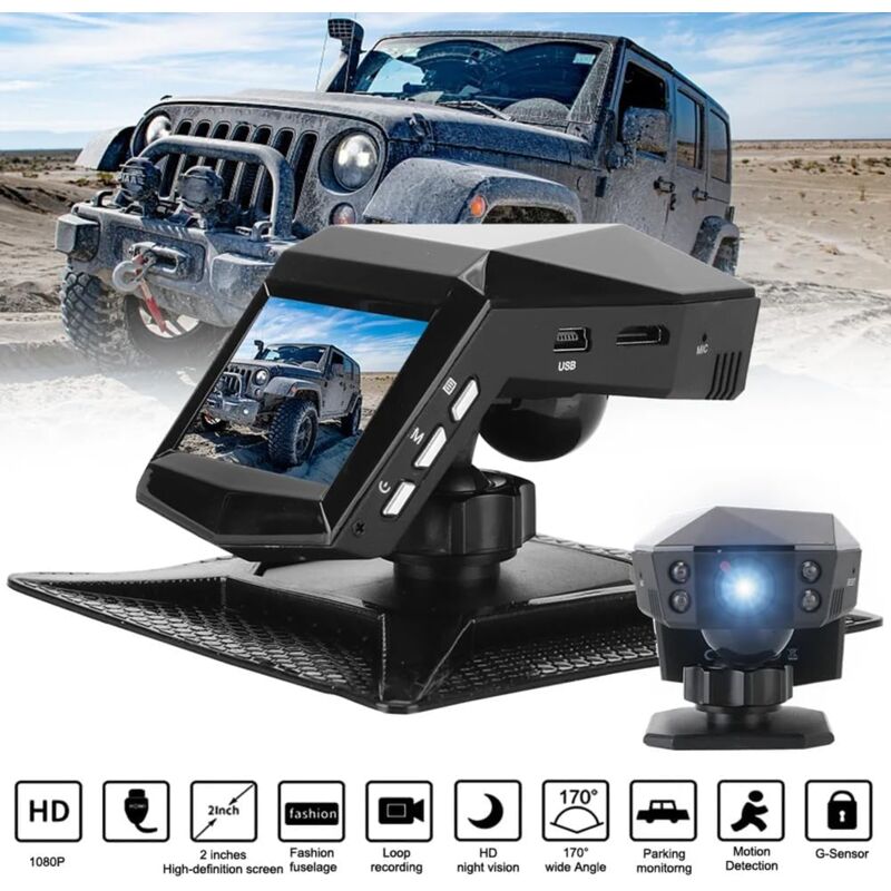 Enregistreur Vidéo de Tableau de Bord de Voiture, Moniteur de Vue Arrière DashCam, Écran de 2 Pouces, Grand Angle 1080P
