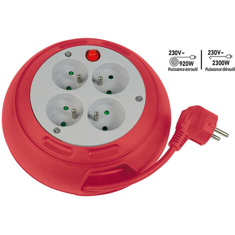 Enrouleur électrique 4 prises 16A avec disjoncteur thermique – Câble HO5VV-F 3m – Protection IP20 – Puissance 2300W – Gefom