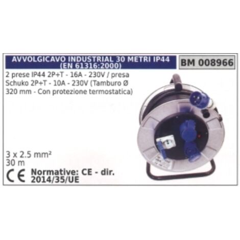 Enrouleur de câble 30m 2 prises IP44 2 broches+terre 16A 230V prise schuko 2 broches+terre 10A