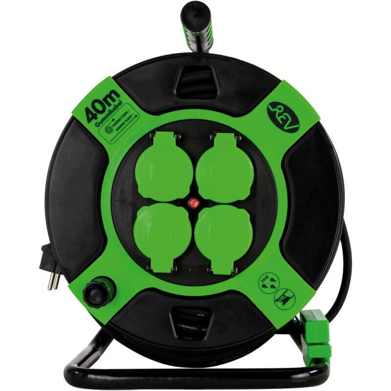 Enrouleur de câble 40m 4-sorties ip 44 plastique H05RR-F3G noir vert