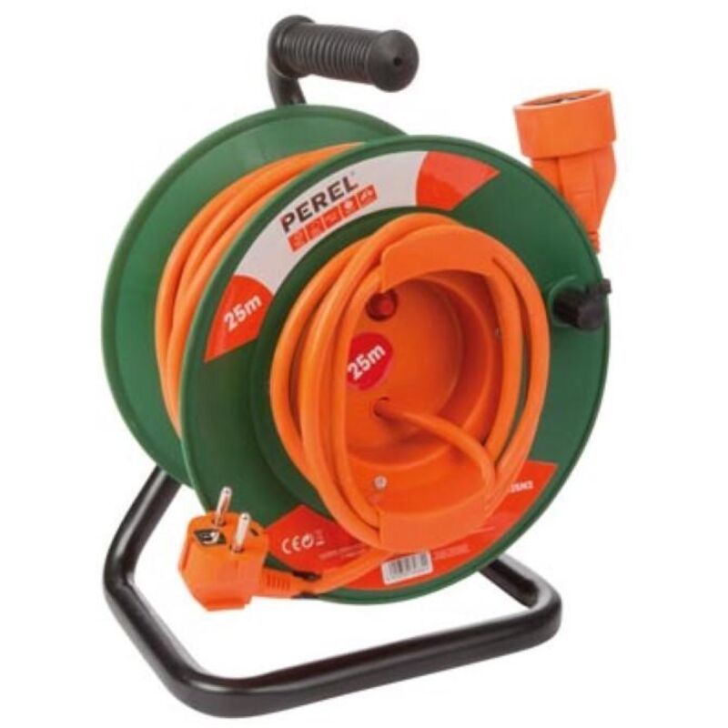 Rallonge électrique sur enrouleur, usage intérieur, terre française, protection thermique, 25 m, 3G1.5, orange/vert - Perel