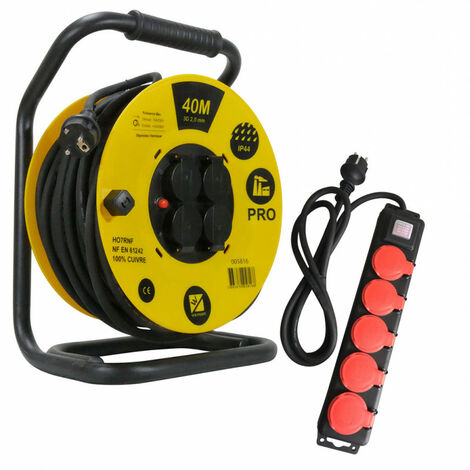 Enrouleur de câble PRO 40m – Câble HO7RNF 3G2,5 mm² – Bloc 5 prises 2P+T étanche – Norme IP44 – Usage extérieur – Wilmart