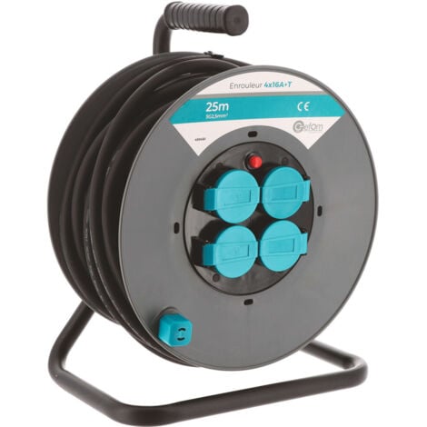 Enrouleur de Chantier 25M GEFOM – Câble 3G2.5mm² – IP44 Étanche – 4 Prises 16A + Clapet – Sécurité et Puissance
