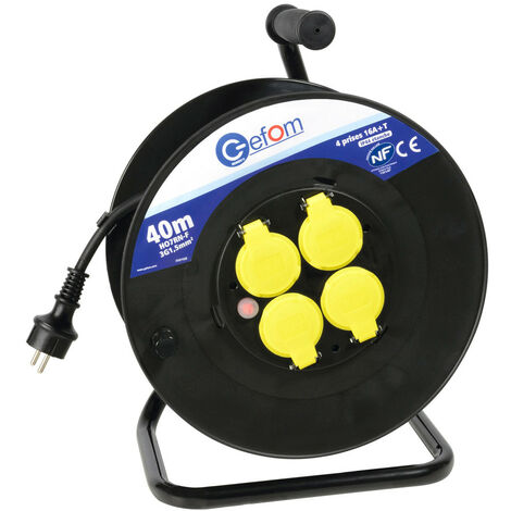 Enrouleur électrique 40m – 4 prises 16A+T à clapets – IP44 étanche – Disjoncteur thermique – Câble HO5VV-F 1,5mm² – Gefom
