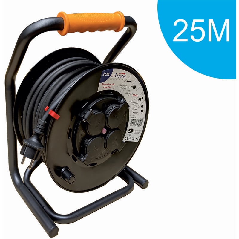 Enrouleur pro de chantier 3G2.5 25m IP44 platine fixe (anti twist) - câble H07RN-F- 4 prises 16A - garantie 2 ans