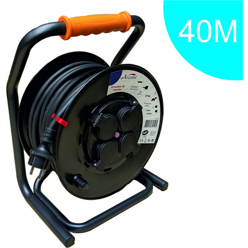 Enrouleur pro de chantier 3G2.5 40m IP44 platine fixe (anti twist) - câble H07RN-F- 4 prises 16A - garantie 2 ans