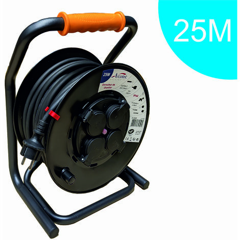 Enrouleur rallonge PRO de chantier IP44 - platine fine (anti twist) - câble de 25m H07RN-F 3G2.50 mm² - 4 prises 16A IP44