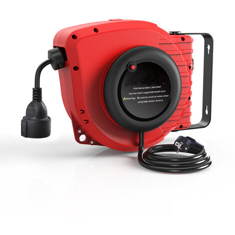 METERK Enrouleur de cordon rétractable mural, 15 + 1.5 mètres, 1500W, enrouleur de tuyau auto-rétractable