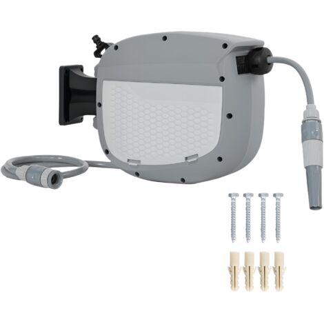 Enrouleur de tuyau rétractable de 10+1 mètres avec buse à double mode, verrouillage automatique et fonction de rétraction contrôlée, support gris.