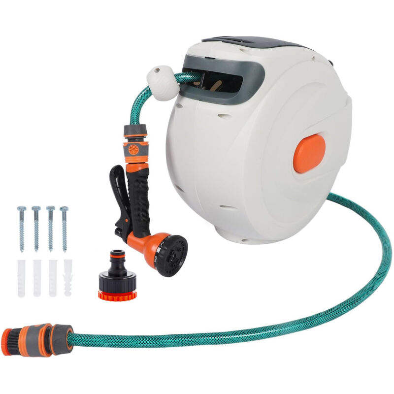 Enrouleur Devidoir Tuyau 20m+2m Tuyau Arrosage Mural Jardin pivotant à 180° Rétraction Automatique et Pistolet d'Arrosage 8 Modes