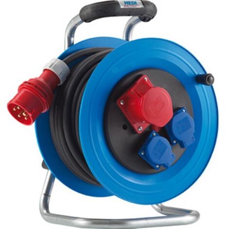 Enrouleur électrique 25 m – Câble H07 RN-F 5G1,5 – Indice de protection IP 44 – 2 prises Schuko étanches – Transport facile avec cadre métallique