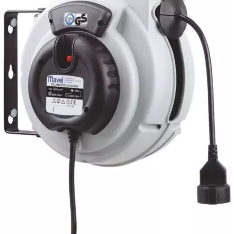 Enrouleur électrique automatique 230V 15 mètres – Disjoncteur thermique – Câble vinyl H05VV-F 3G1,5mm² – 1 prise – 800W enroulé, 2000W déroulé – Mavel