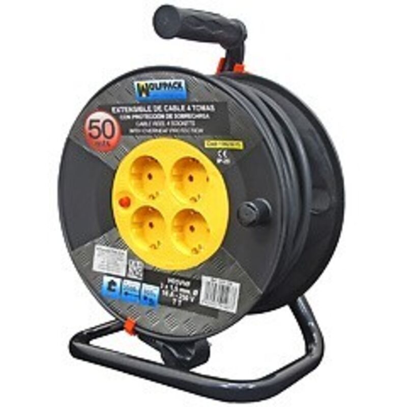 Industrielle Extensible 4 Prises 50 Mètres 3 x 1,5 mm. avec protection contre les surcharges