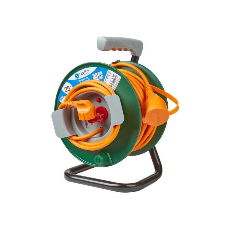 Enrouleur Jardin 25m Câble Orange 3G 1,5mm2 Avec Disjoncteur Thermique Avec Clapet Protection Nalto