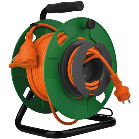Enrouleur jardin étanche IP44 câble orange 3G1,5 mm² 32+3m avec prise 16A 2P+Terre à clapet & coupe circuit - Zenitech
