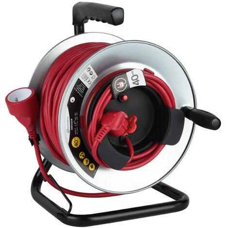 Enrouleur Jardin Professionnel métal, 40M H05VV-F 3G1.5m, avec Guide pour Le câble, Rouge