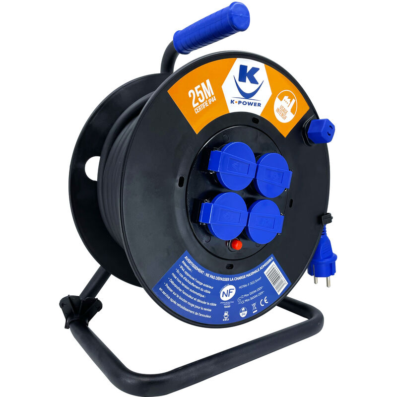 Enrouleur 25M Gamme Pro 3G2.5 IP44 4 Prises à clapet - Keli