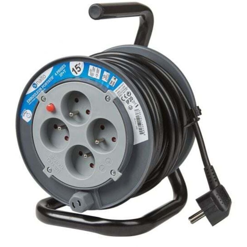 Enrouleur Ménager 15m 3G1.5 mm2 4 Prises 2P+T Avec Disjoncteur Thermique NALTO