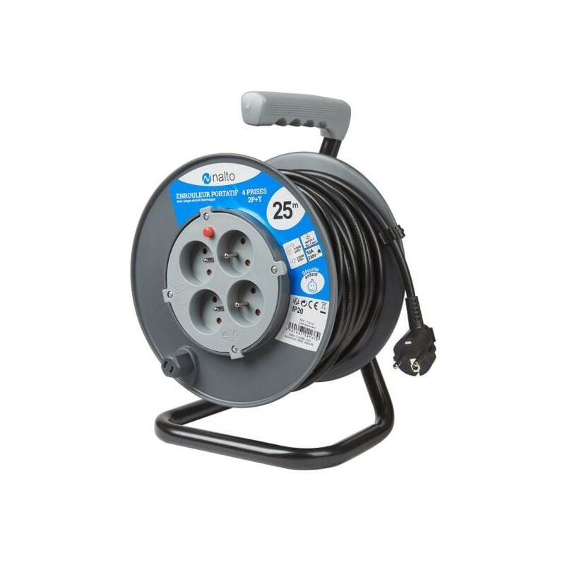 Enrouleur Ménager 25m 3G1.5 mm2 4 Prises 2P+T Avec Disjoncteur Thermique Nalto
