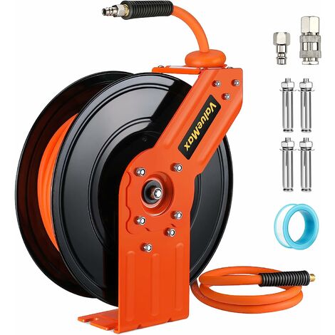 Enrouleur pneumatique 15m – Pression 300 PSI – Raccord 1/4' BSPT en laiton – Dévidoir métallique avec enroulement automatique - 300PSI
