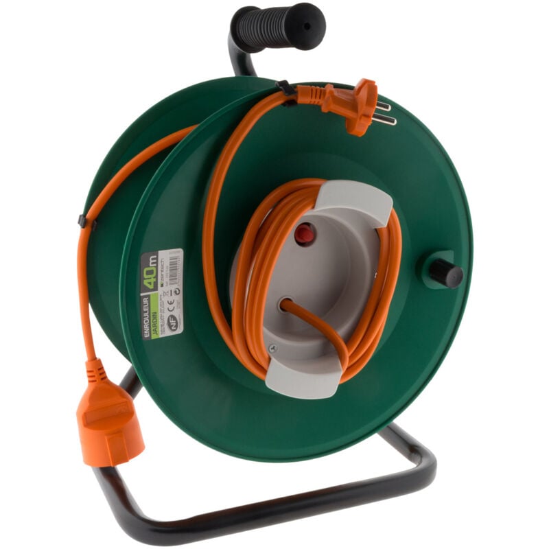 Enrouleur sans prise 2x1,5 mm² 40m pied métal + coupe circuit - Vert/Orange Zenitech