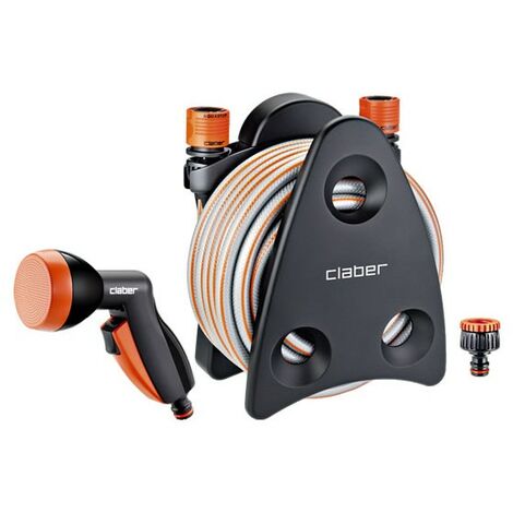 Enrouleur tuyau arrosage 10m CLABER équipé Lance + raccords rapides Devidoir fixe ou portable