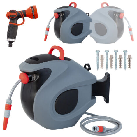 Enrouleur Tuyau Arrosage 30m - Dévidoir Mural Automatique - Enrouleur Automatique Jardin - Pistolet 9 Jets - Pivotant 180° - Gris et Rouge