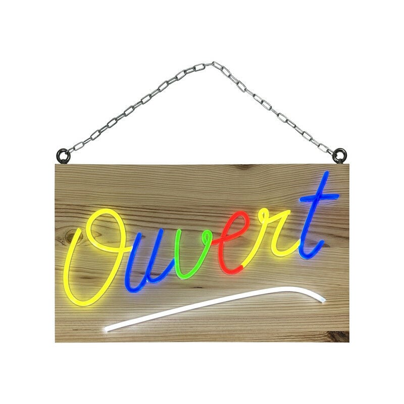 Enseigne lumineuse led intérieur 'Ouvert' en bois avec batterie 9 800 mAh - Fabrication française