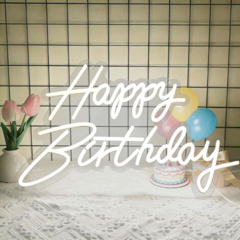 Enseigne néon « Happy Birthday » — Décoration lumineuse pour toile de fond d'anniversaire — Idéale pour les célébrations de tous âges — 19,6 x 11,8 pouces (Blanc)