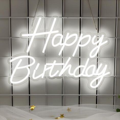 Enseigne Néon « Happy Birthday » pour Toile de Fond – Panneau Lumineux LED, Alimentation USB Dimmable pour Fêtes d'Anniversaire, Blanc, 16,5 x 12 pouces