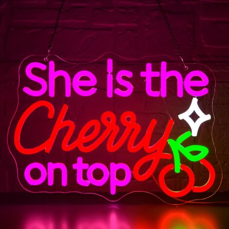 Enseigne néon « She Is The Cherry On Top » (Elle est la cerise sur le gâteau), à intensité réglable  décoration lumineuse pour salon, baby shower, mariage (Taille : 13,78 x 9,72 pouces).