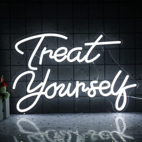 Enseigne néon « Treat Yourself » – Luminaire LED blanc froid en forme de lettres, adapté aux murs de chambre, mariages, fêtes d'anniversaire, bars et plus encore